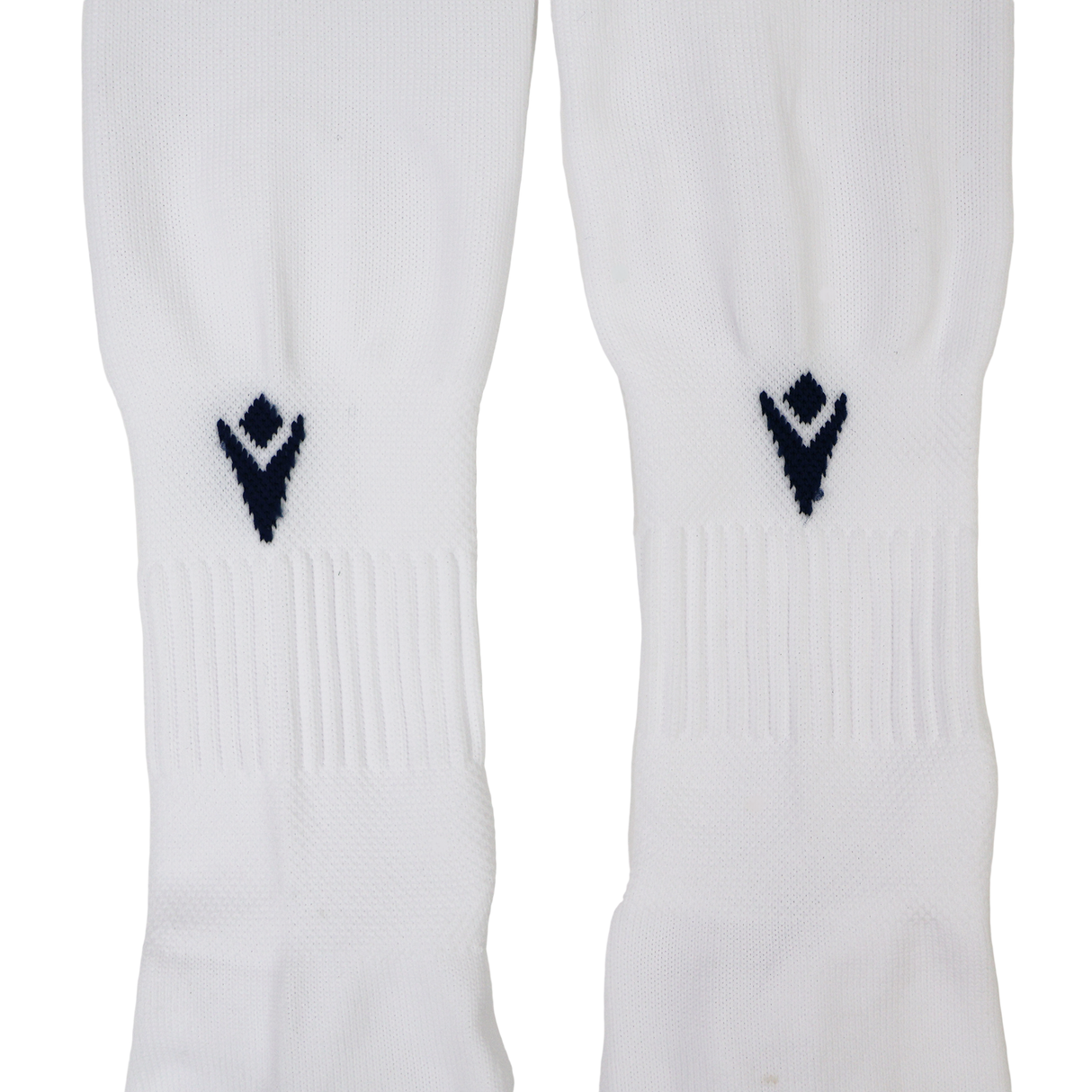 Close-up of USA Rugby M25/26 Home Socks by Macron—white socks with a black geometric logo near the top, designed for premium comfort and durability.