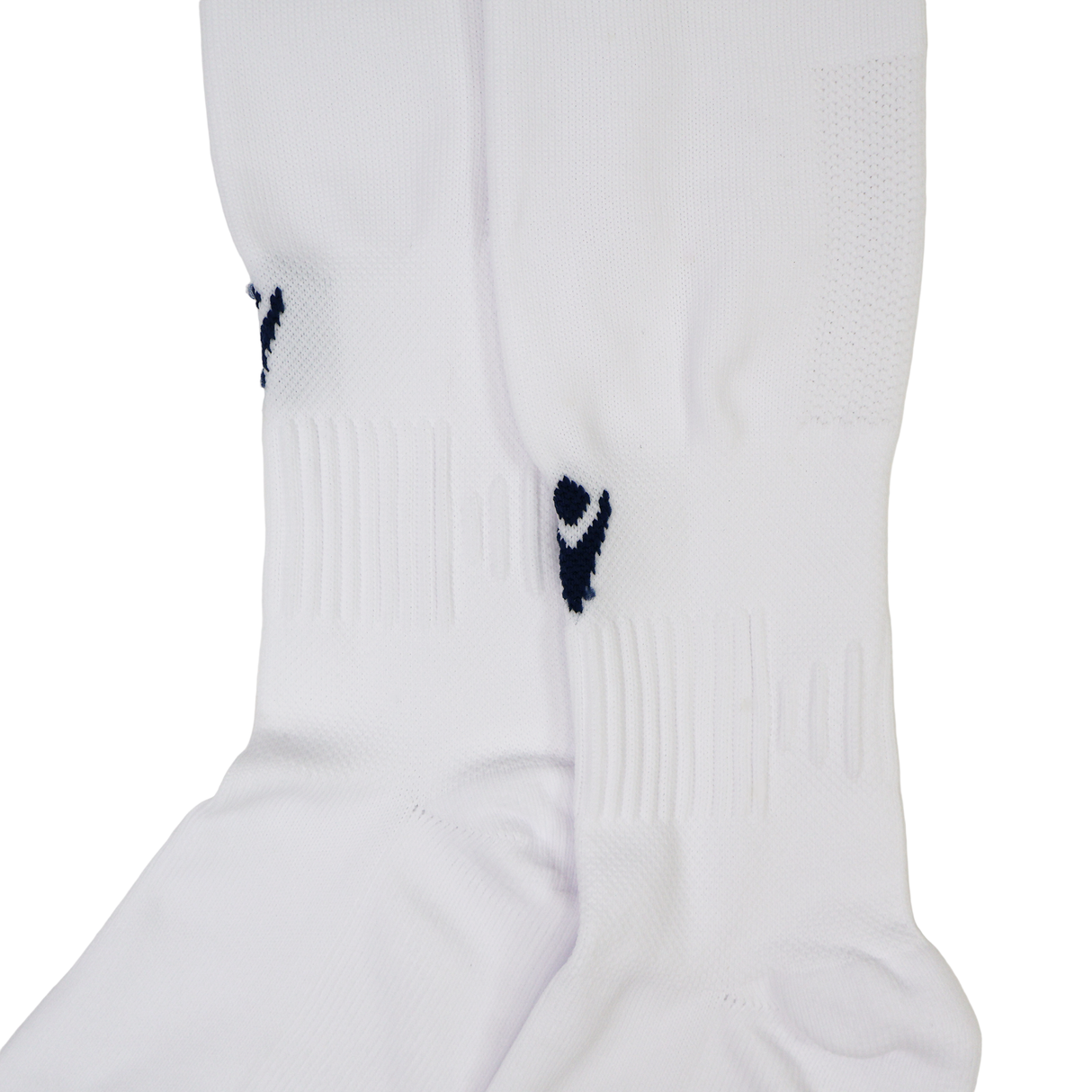 Close-up of white USA Rugby M25/26 Home Socks by Macron with ribbed detailing and a small dark logo near the top, designed for performance and comfort.