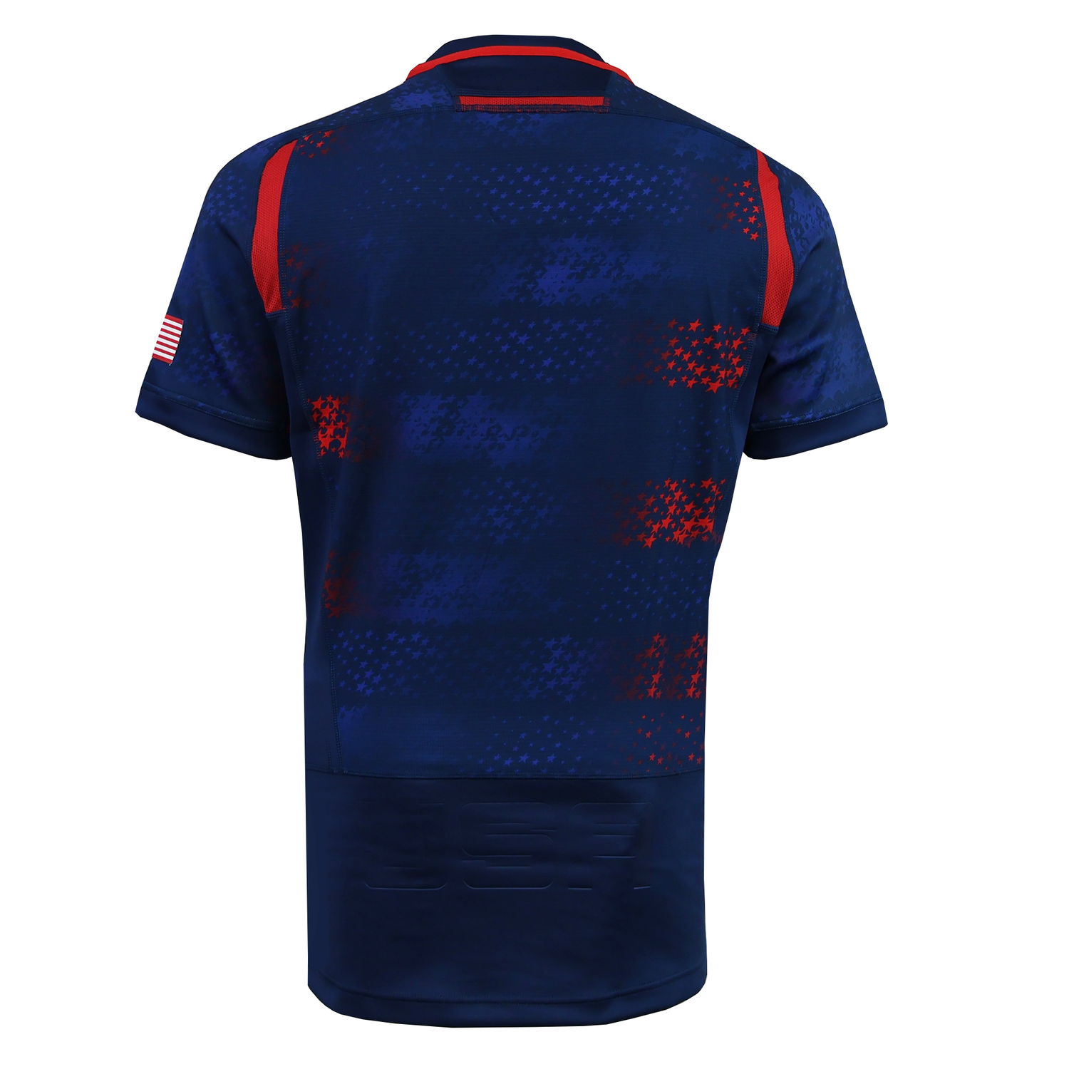 The USA Rugby 25/26 Away Body Fit Match Jersey by Macron features a navy design with red accents, subtle patterns, and a small American flag patch on the right sleeve, shown from the back.