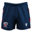 The USA Rugby 25/26 Away Shorts by Macron are navy blue moisture-wicking shorts with a USA Rugby logo on the left leg, a white Macron logo on the right, and red side patterns.