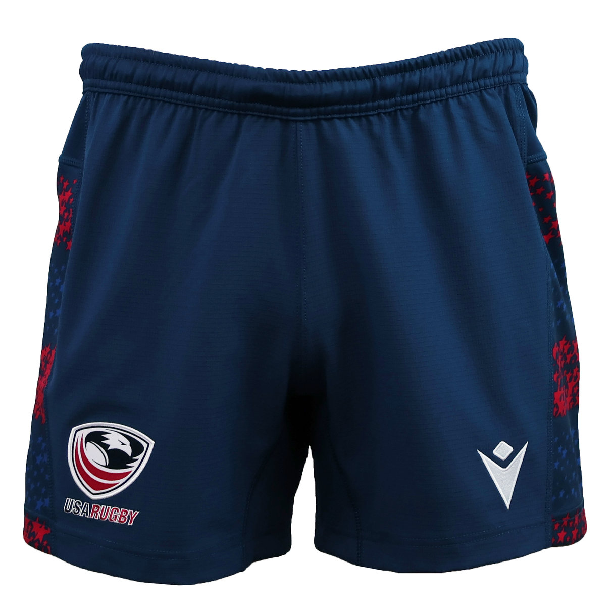 The USA Rugby 25/26 Away Shorts by Macron are navy blue moisture-wicking shorts with a USA Rugby logo on the left leg, a white Macron logo on the right, and red side patterns.