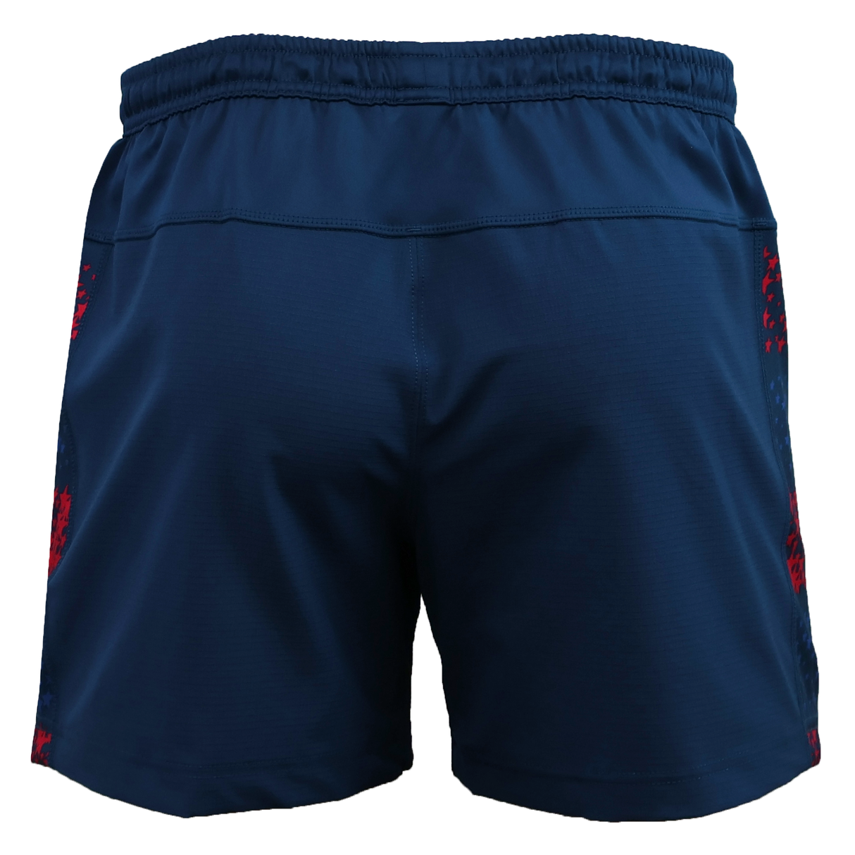 Back view of the USA Rugby 25/26 Away Shorts by Macron in dark blue, featuring moisture-wicking fabric, an elastic waistband, and red side accents.