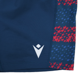Close-up of navy blue USA Rugby 25/26 Away Shorts by Macron with a white logo and a red-blue star side panel, designed as moisture-wicking performance shorts for optimal comfort.