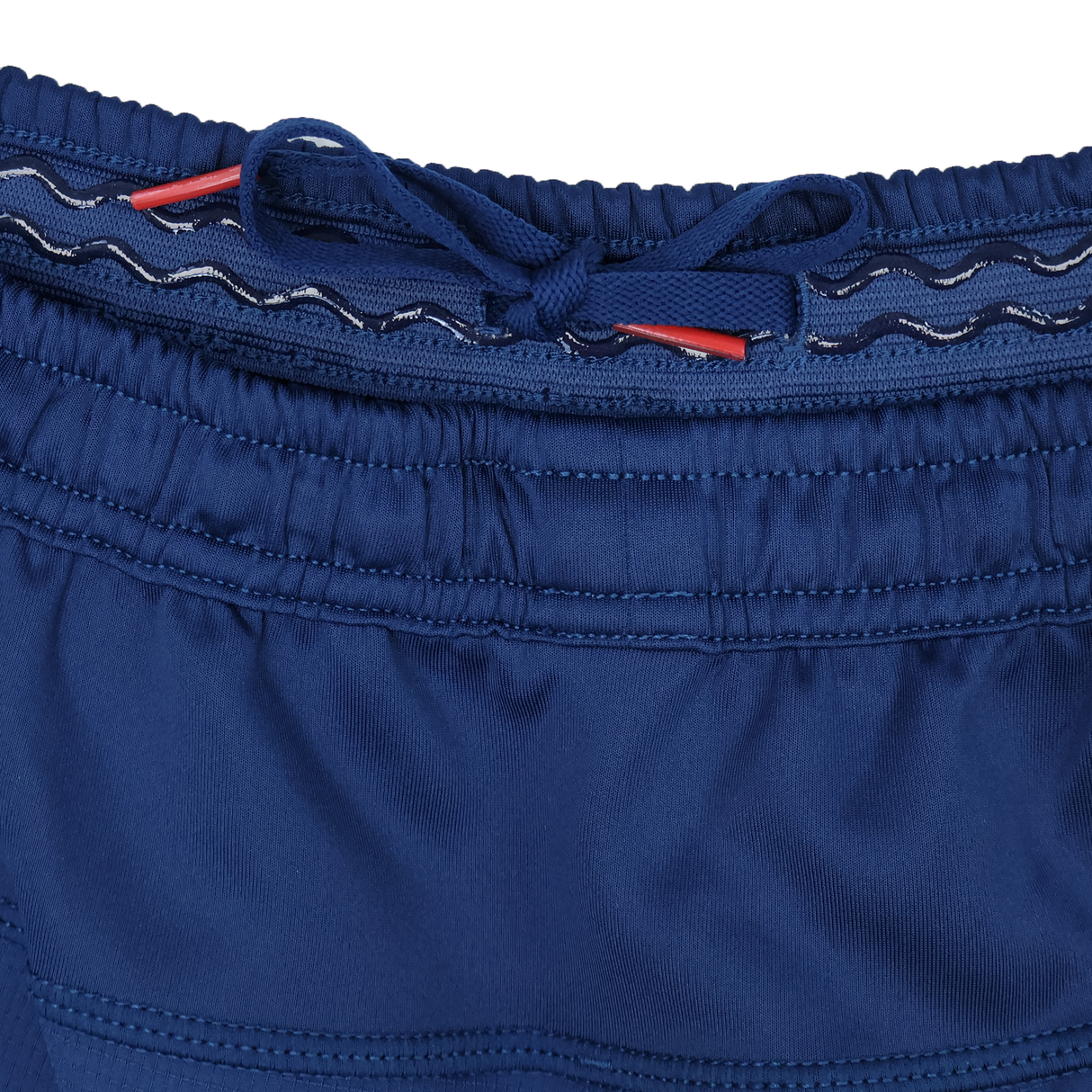 Close-up of the waistband on USA Rugby 25/26 Away Shorts by Macron, showing reinforced stitching, a drawstring tie, and moisture-wicking performance fabric.