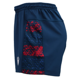 The USA Rugby 25/26 Away Shorts by Macron feature navy fabric, red and blue star-patterned side panels, an embroidered team logo near the hem, and moisture-wicking performance—perfect for active days.