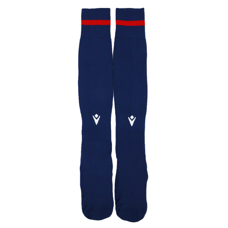 The USA Rugby M25/26 Away Socks by Macron are long navy socks with a red stripe near the top and a small centered white logo on each.
