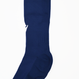 A close-up of the USA Rugby M25/26 Away Socks by Macron, navy blue with a ribbed texture and a white pattern near the top, inspired by USAR Away Socks, shown against a white background.