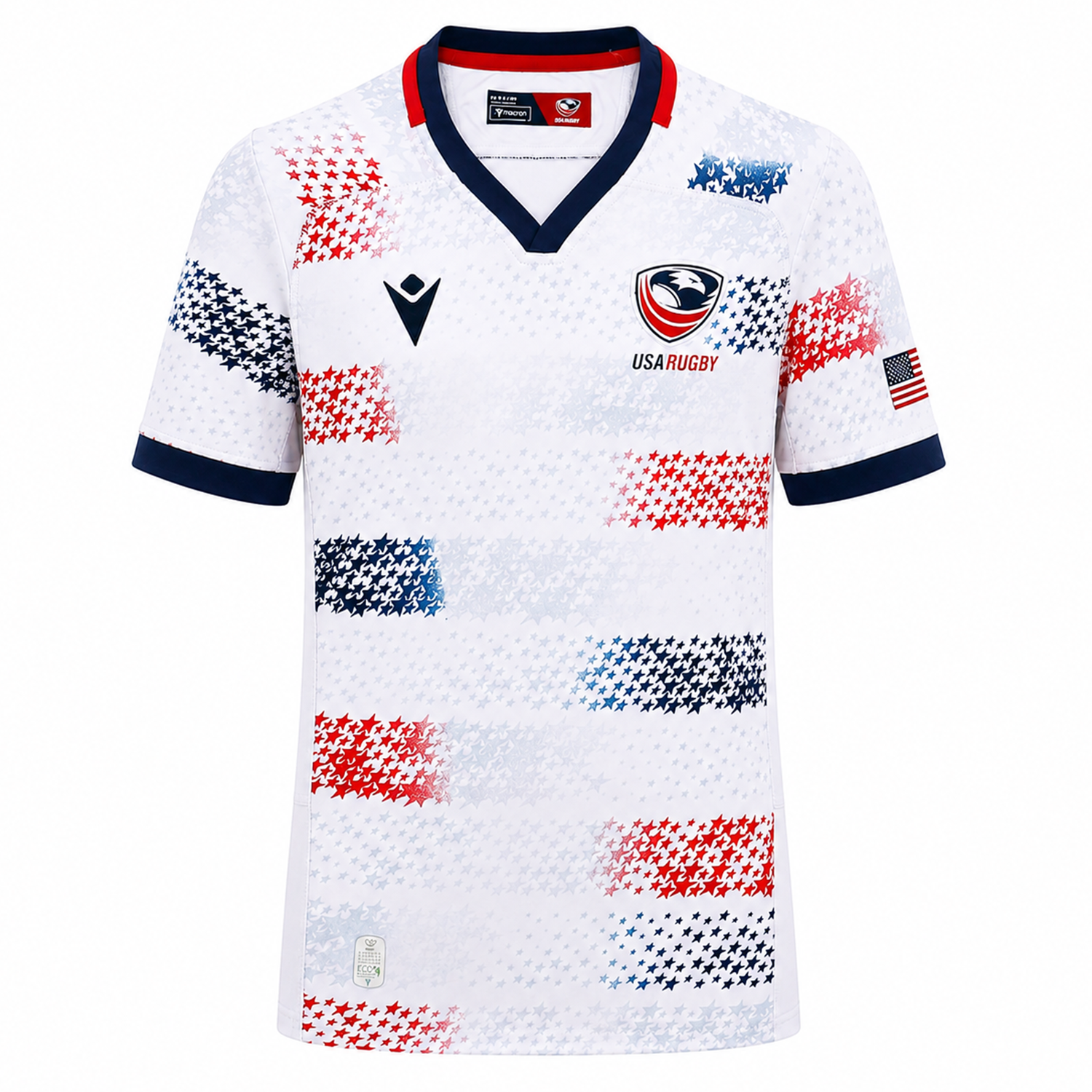 The Youth USA Rugby 25/26 Home Replica Jersey by Macron features red, white, and blue star patterns, a navy collar and sleeve trim, the USA Rugby logo on the chest, and an American flag on the right sleeve—ideal for young fans.
