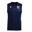 The USA Rugby 25/26 Training Poly Singlet by Macron is a sleeveless navy top featuring a subtle diamond pattern, red side accents, and dual chest logos; designed for breathable comfort during training.
