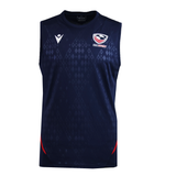 The USA Rugby 25/26 Training Poly Singlet by Macron is a sleeveless navy top featuring a subtle diamond pattern, red side accents, and dual chest logos; designed for breathable comfort during training.