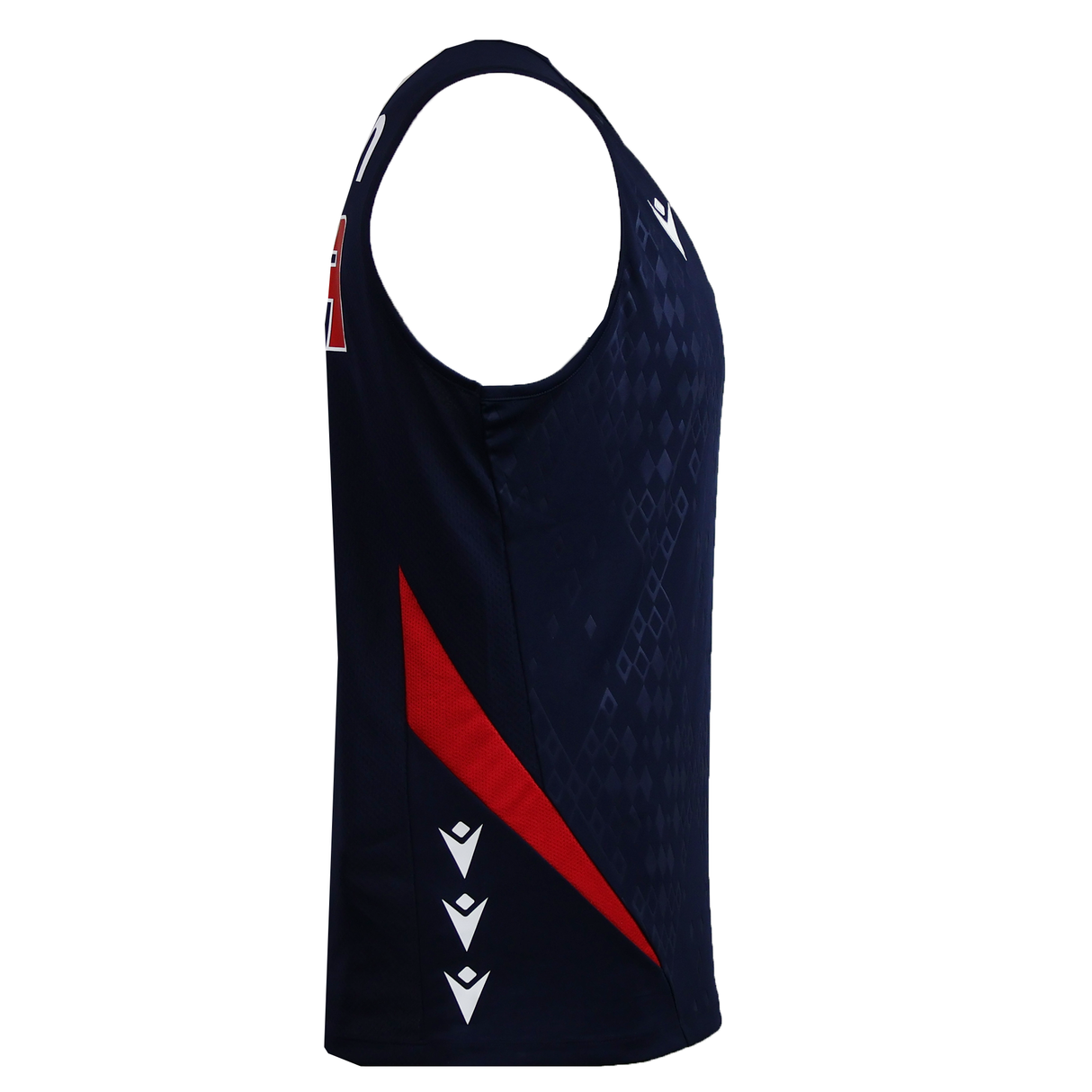 The USA Rugby 25/26 Training Poly Singlet by Macron is a navy blue athletic tank top with a red diagonal stripe and white side accents—shown from the side, it's a breathable, quick-dry shirt ideal for workouts or as a USA Rugby training singlet.