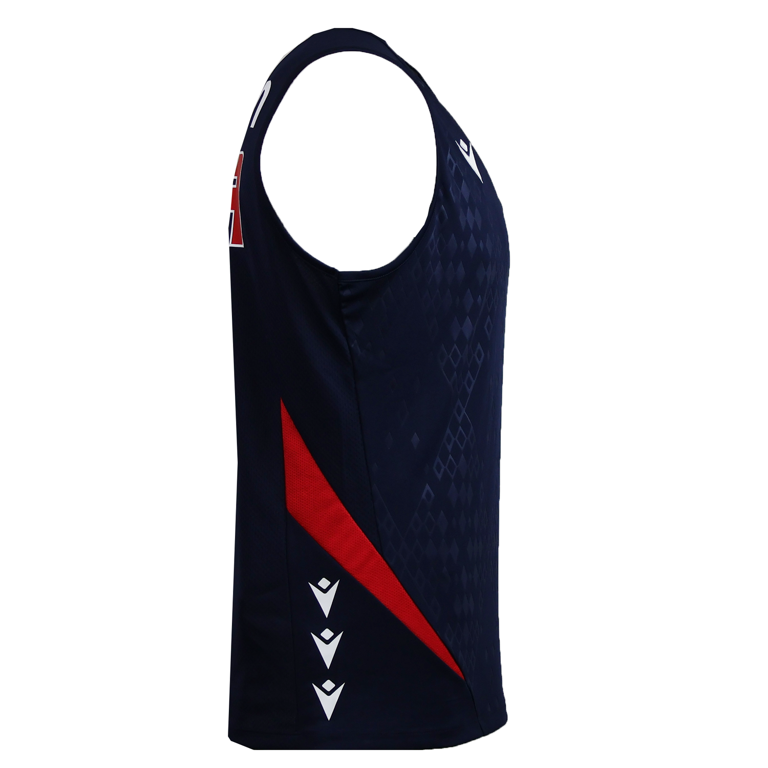 The USA Rugby 25/26 Training Poly Singlet by Macron is a navy blue athletic tank top with a red diagonal stripe and white side accents—shown from the side, it's a breathable, quick-dry shirt ideal for workouts or as a USA Rugby training singlet.