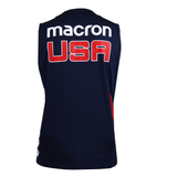The USA Rugby 25/26 Training Poly Singlet by Macron is a navy blue quick-dry top, shown from the back, featuring bold "macron" and "USA" lettering in white and red.