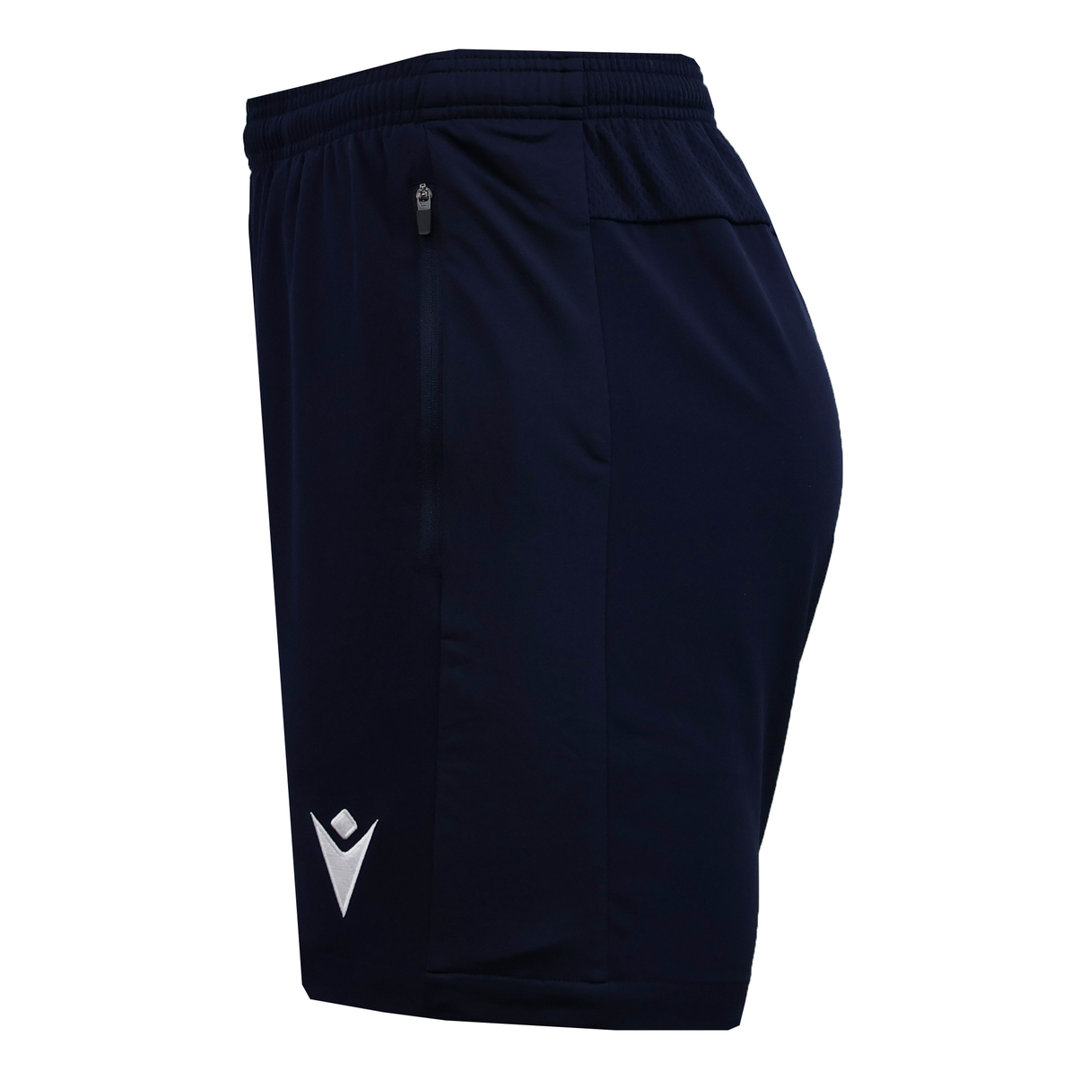 The USA Rugby 25/26 Training Micro Bermuda by Macron features navy blue fabric, an elastic waistband, side zipper pocket, and a white Macron logo—ideal rugby training shorts for both performance and style.