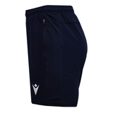 The USA Rugby 25/26 Training Micro Bermuda by Macron features navy blue fabric, an elastic waistband, side zipper pocket, and a white Macron logo—ideal rugby training shorts for both performance and style.