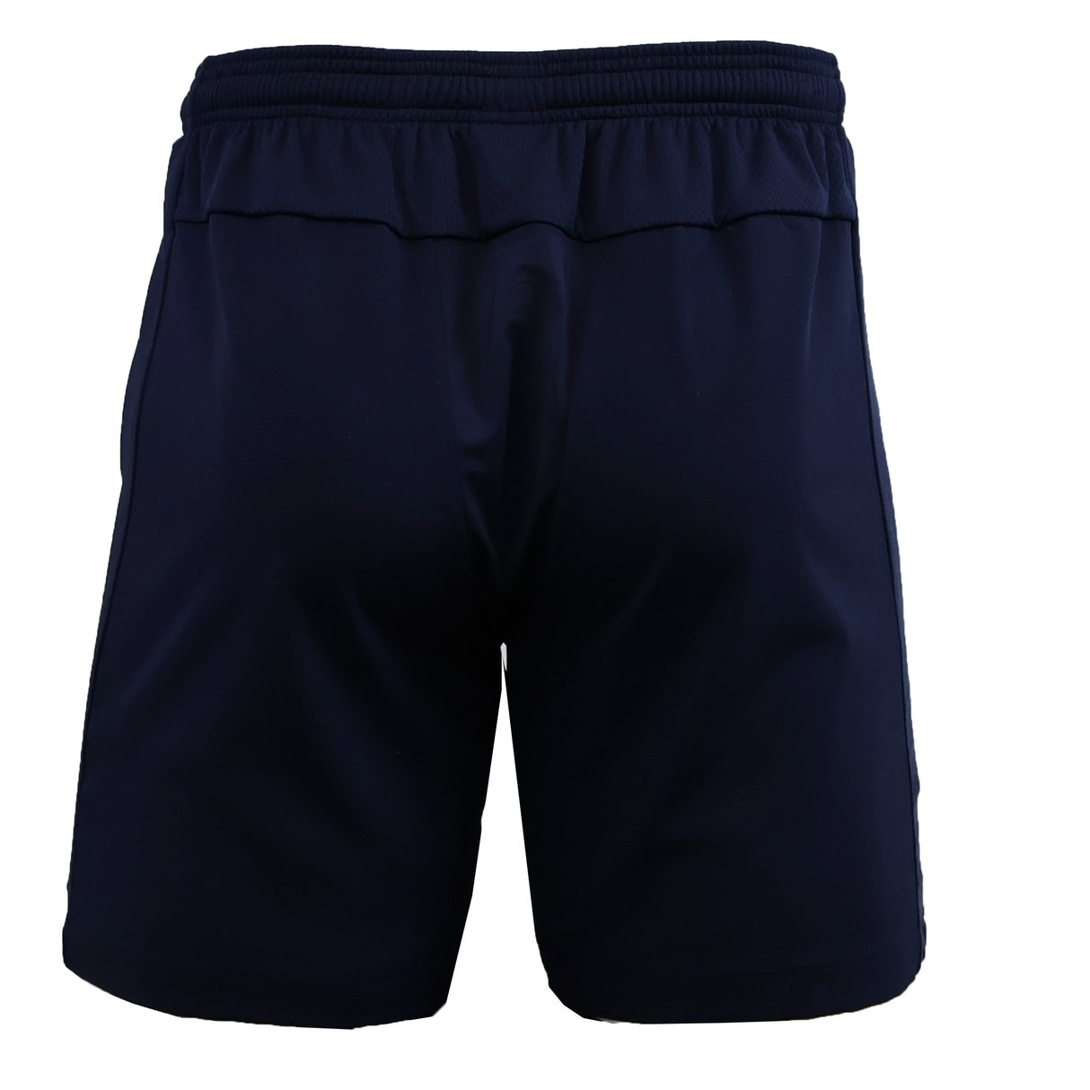 Back view of the USA Rugby 25/26 Training Micro Bermuda by Macron in plain navy blue with an elastic waistband, shown against a white background. These shorts offer comfort and performance for your training sessions.