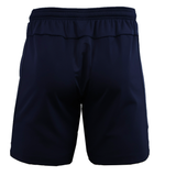 Back view of the USA Rugby 25/26 Training Micro Bermuda by Macron in plain navy blue with an elastic waistband, shown against a white background. These shorts offer comfort and performance for your training sessions.