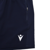 Close-up of the lower part of the USA Rugby 25/26 Training Micro Bermuda shorts by Macron, navy with a white logo and zippered pocket—perfect for training or casual wear.
