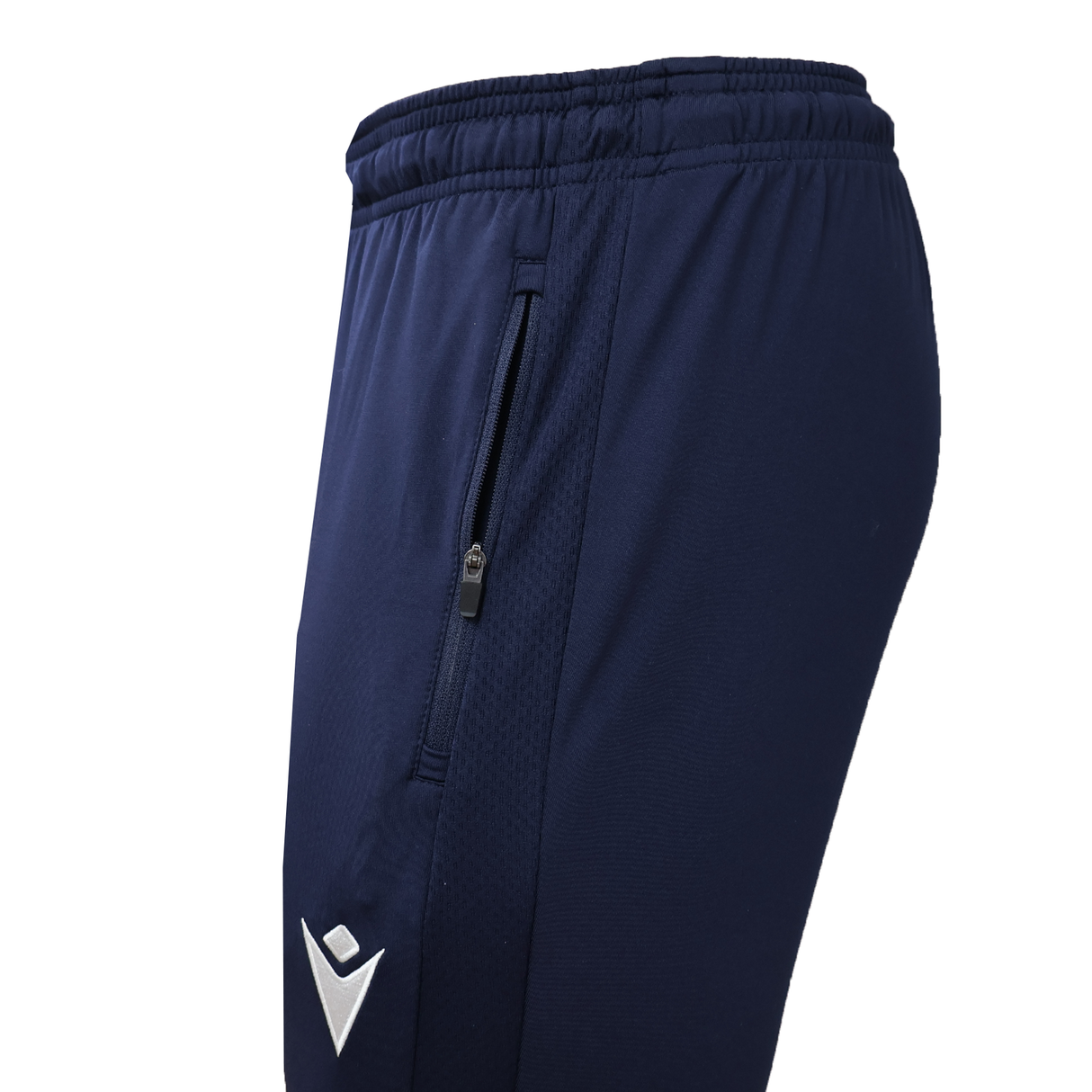 Close-up of the USA Rugby 25/26 Training Fitted Pant by Macron in navy blue, featuring a zippered side pocket and a white logo near the left thigh.