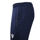 Close-up of the USA Rugby 25/26 Training Fitted Pant by Macron in navy blue, featuring a zippered side pocket and a white logo near the left thigh.