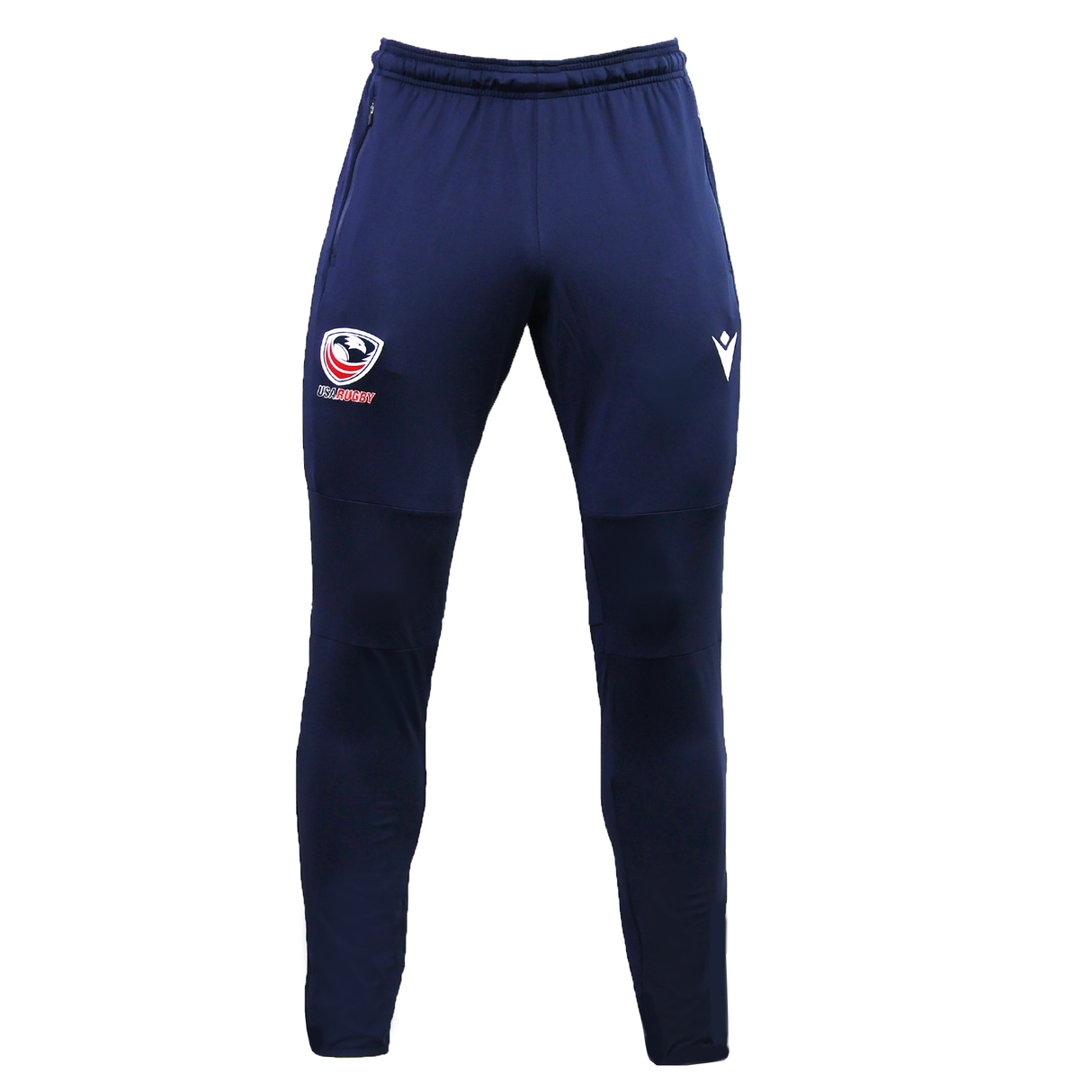 USA Rugby 25/26 Training Fitted Pant by Macron in navy blue, featuring a USA Rugby logo on the left thigh and a white arrow motif on the right, shown against a plain white background.