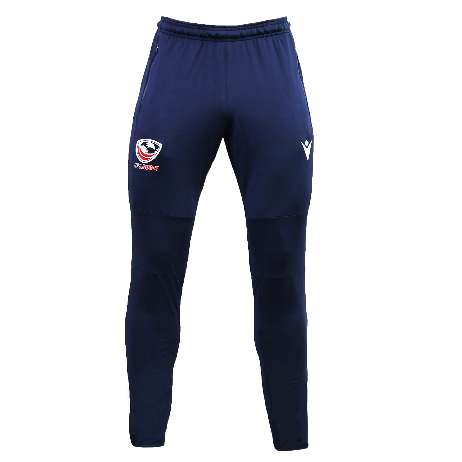 USA Rugby 25/26 Training Fitted Pant by Macron in navy blue, featuring a USA Rugby logo on the left thigh and a white arrow motif on the right, shown against a plain white background.