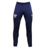 USA Rugby 25/26 Training Fitted Pant by Macron in navy blue, featuring a USA Rugby logo on the left thigh and a white arrow motif on the right, shown against a plain white background.