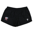 The Women's USA Rugby 25/26 Athletics Shorts by Macron feature a black quick-dry fabric, elastic waistband, USA Rugby logo on the left, and a white Macron logo on the right—ideal for women's athletic wear.