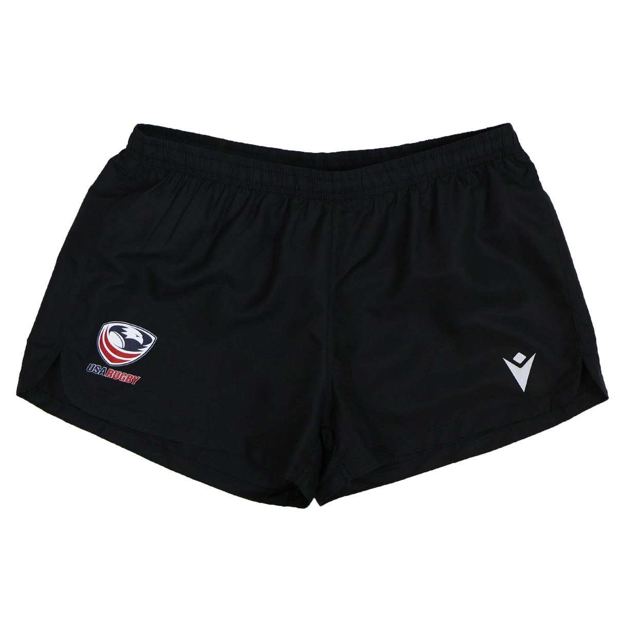 The Women's USA Rugby 25/26 Athletics Shorts by Macron feature a black quick-dry fabric, elastic waistband, USA Rugby logo on the left, and a white Macron logo on the right—ideal for women's athletic wear.