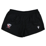 The Women's USA Rugby 25/26 Athletics Shorts by Macron feature a black quick-dry fabric, elastic waistband, USA Rugby logo on the left, and a white Macron logo on the right—ideal for women's athletic wear.