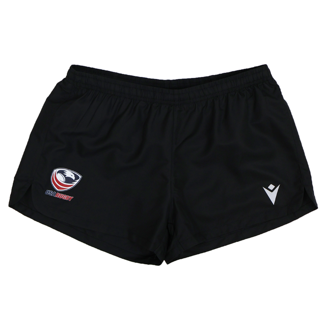 The Women's USA Rugby 25/26 Athletics Shorts by Macron feature a black quick-dry fabric, elastic waistband, USA Rugby logo on the left, and a white Macron logo on the right—ideal for women's athletic wear.