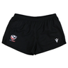 The Women's USA Rugby 25/26 Athletics Shorts by Macron feature a black quick-dry fabric, elastic waistband, USA Rugby logo on the left, and a white Macron logo on the right—ideal for women's athletic wear.