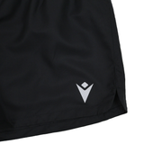 Close-up of the bottom corner of the Women's USA Rugby 25/26 Athletics Shorts by Macron in black, showing a white geometric logo near the hem—ideal for quick-dry training sessions.