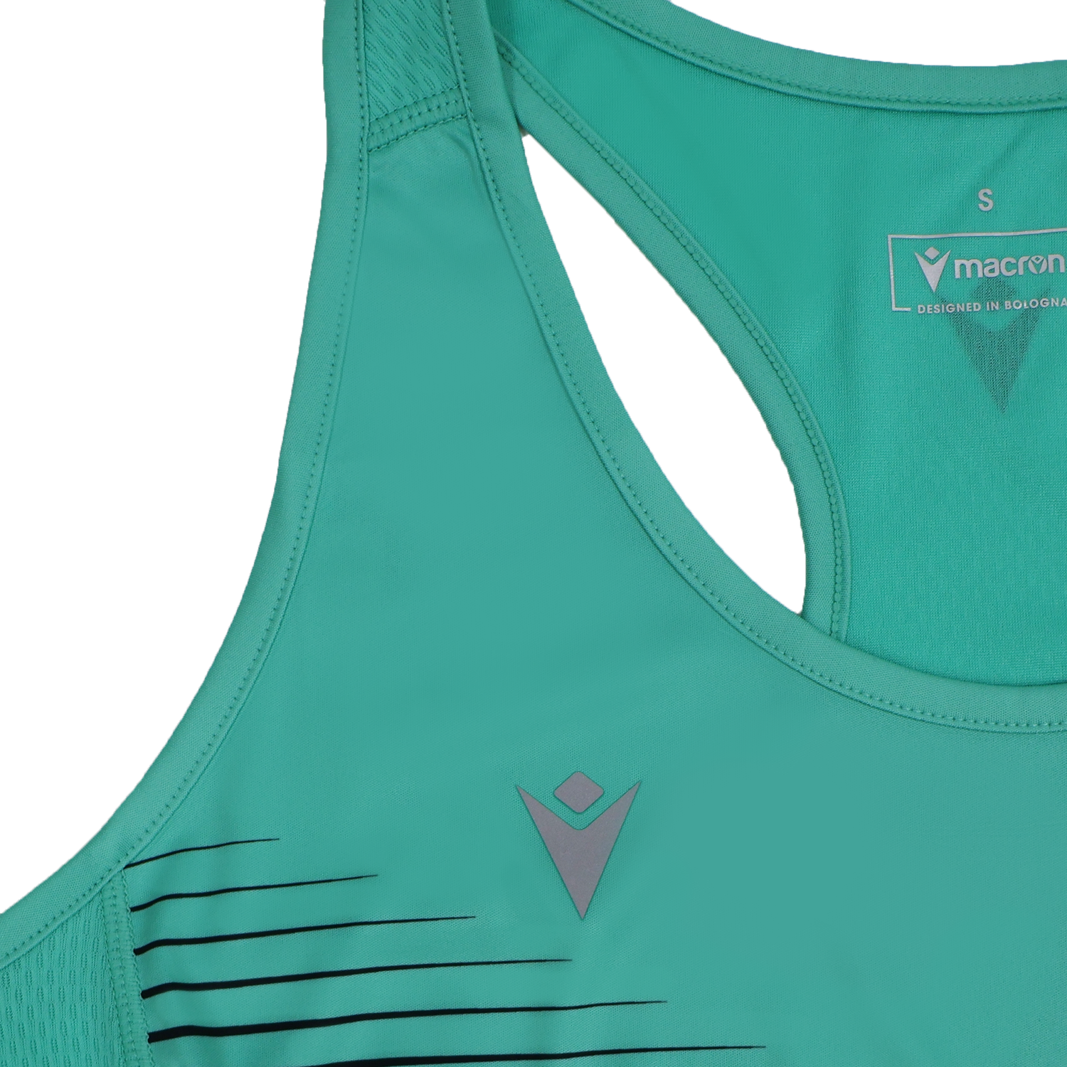 The Women's USA Rugby 25/26 Athletics Singlet by Macron features a teal design, black diagonal side stripes, visible stitching, moisture-wicking fabric, and Macron branding for comfortable training.