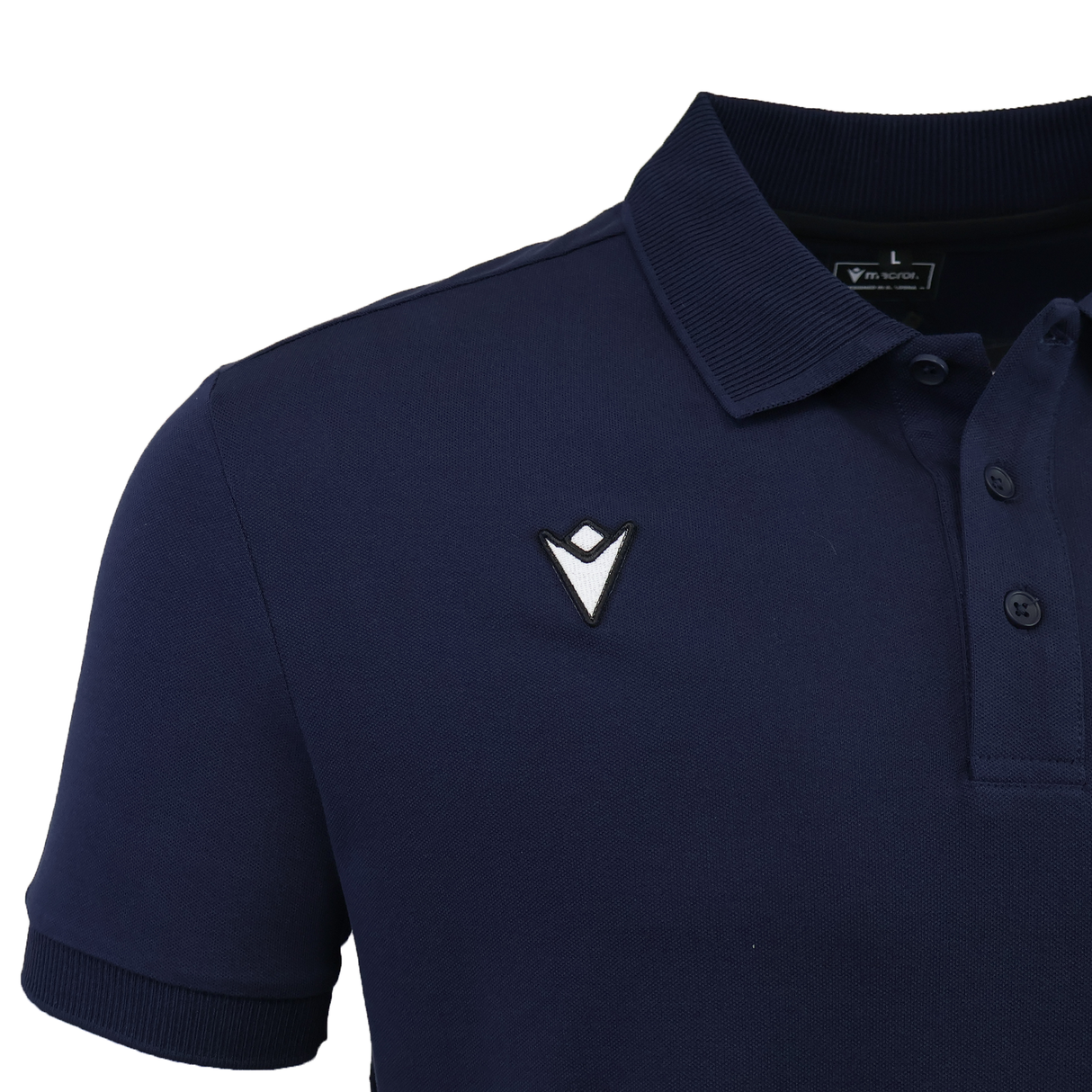 The USA Rugby 25/26 Athleisure Cotton Polo by Macron features a navy blue design, a pointed white and black logo on the chest, and a buttoned collar.