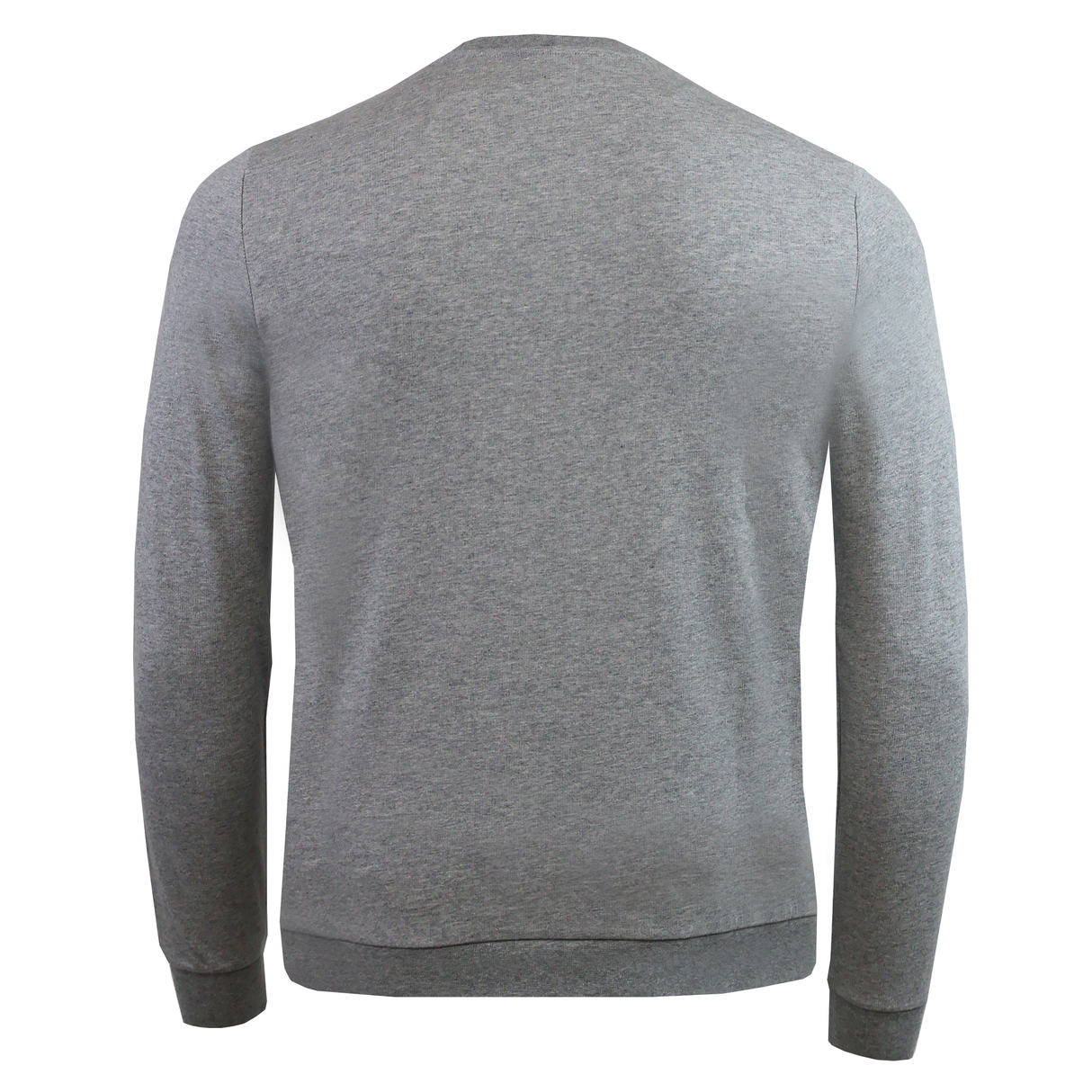 Back view of the USA Rugby 25/26 Player Travel Sweatshirt by Macron, a plain long-sleeved gray crewneck, shown against a white background.