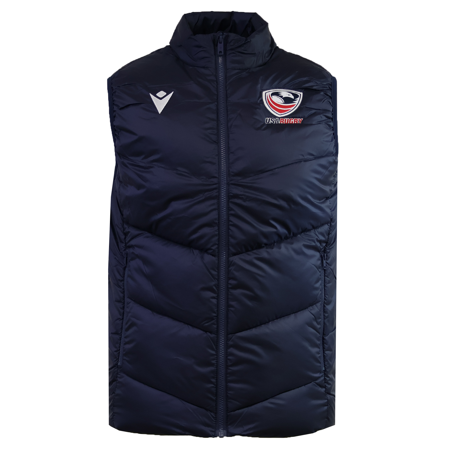 The USA Rugby 25/26 Padded Gilet by Macron features a navy blue design, front zipper, sports logo, white chevron emblem, and USAR 25/26 detail on the chest.