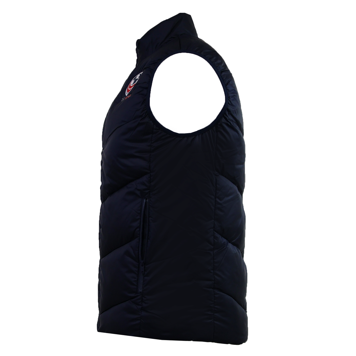 The USA Rugby 25/26 Padded Gilet by Macron is shown from the left side, featuring a black design with a high collar and a small embroidered USAR 25/26 logo on the chest.