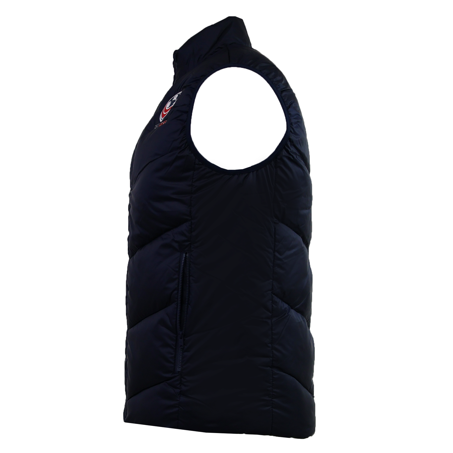 The USA Rugby 25/26 Padded Gilet by Macron is shown from the left side, featuring a black design with a high collar and a small embroidered USAR 25/26 logo on the chest.