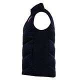 The USA Rugby 25/26 Padded Gilet by Macron is shown from the left side, featuring a black design with a high collar and a small embroidered USAR 25/26 logo on the chest.