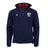 The USA Rugby 25/26 Athleisure Softshell Jacket by Macron features a navy blue design, red lining, front zipper, and left-chest logo—an ideal athleisure piece for rugby fans.