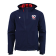 The USA Rugby 25/26 Athleisure Softshell Jacket by Macron features a navy blue design, red lining, front zipper, and left-chest logo—an ideal athleisure piece for rugby fans.