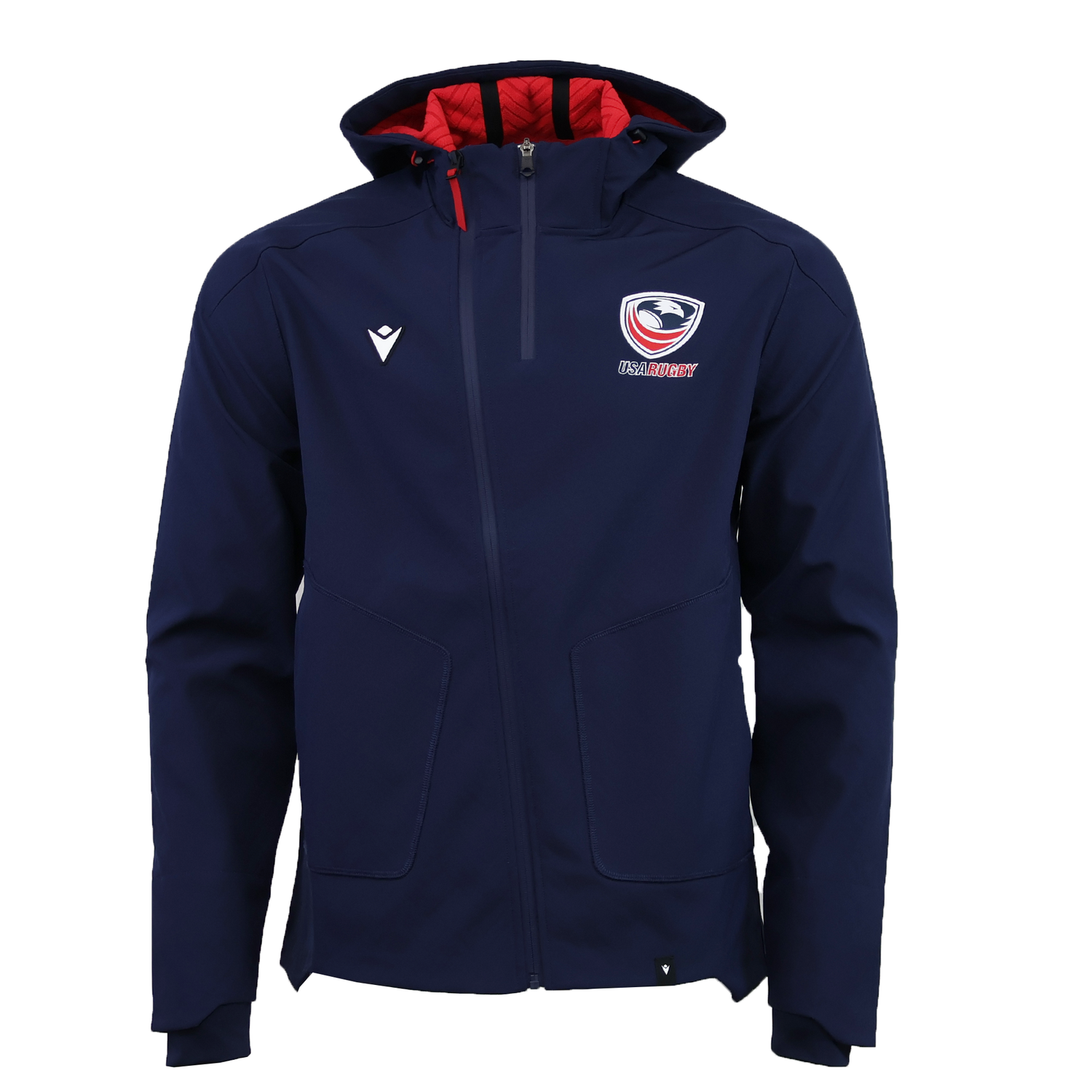 The USA Rugby 25/26 Athleisure Softshell Jacket by Macron features a navy blue design, red lining, front zipper, and left-chest logo—an ideal athleisure piece for rugby fans.