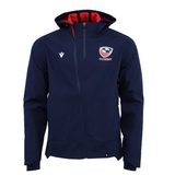 The USA Rugby 25/26 Athleisure Softshell Jacket by Macron features a navy blue design, red lining, front zipper, and left-chest logo—an ideal athleisure piece for rugby fans.