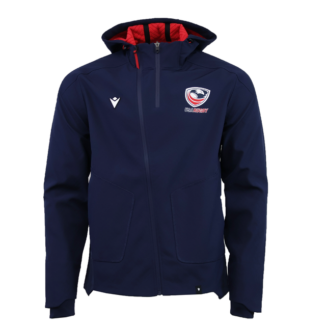 The USA Rugby 25/26 Athleisure Softshell Jacket by Macron features a navy blue design, red lining, front zipper, and left-chest logo—an ideal athleisure piece for rugby fans.