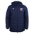 The USA Rugby 25/26 Padded Jacket by Macron features a navy blue design, hood, front zipper, and USA Rugby and Macron logos on the chest.