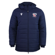 The USA Rugby 25/26 Padded Jacket by Macron features a navy blue design, hood, front zipper, and USA Rugby and Macron logos on the chest.