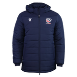 The USA Rugby 25/26 Padded Jacket by Macron features a navy blue design, hood, front zipper, and USA Rugby and Macron logos on the chest.