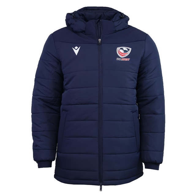 The USA Rugby 25/26 Padded Jacket by Macron features a navy blue design, hood, front zipper, and USA Rugby and Macron logos on the chest.