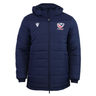 The USA Rugby 25/26 Padded Jacket by Macron features a navy blue design, hood, front zipper, and USA Rugby and Macron logos on the chest.